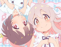  2girls ahoge blue_hair blush brown_eyes brown_hair collarbone colored_inner_hair commentary double-parted_bangs eyeshadow hair_between_eyes hair_spread_out hands_on_own_chest hozuki_momiji long_hair looking_at_viewer makeup male-female_symbol multicolored_hair multiple_girls nazonaji onii-chan_wa_oshimai! oyama_mahiro pink_hair red_eyeshadow short_hair sleeveless smile two-tone_hair 