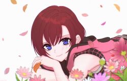  1girl bare_shoulders blue_eyes blush closed_mouth commentary dress falling_petals flower hair_between_eyes hood hood_down hooded_dress kairi_(kingdom_hearts) kingdom_hearts kingdom_hearts_iii looking_at_viewer lux_spei lying on_stomach orange_petals petals pink_dress pink_flower pink_petals red_hair short_hair sleeveless sleeveless_dress smile solo untranslatable_commentary upper_body white_background 