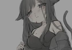  1girl animal_ears bandaid bandaid_on_face black_eyes black_hair black_nails blood breasts cat_ears cat_girl cat_tail grey_background long_hair looking_at_viewer medium_breasts nosebleed off-shoulder_jacket off_shoulder oniyamakei original portrait rope_mark_on_neck scar self-harm_scar simple_background sleeveless solo tail 