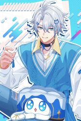  1boy black_choker blue_eyes blue_pants blue_vest cake_cat_(honkai:_star_rail) choker commentary_request grey_hair hair_between_eyes hair_ornament highres honkai:_star_rail honkai_(series) long_sleeves male_focus neck_tattoo pants phainon_(honkai:_star_rail) pochimaru_(marumaru_wanwan) shirt short_hair smile solo tattoo teeth torn_clothes torn_pants vest white_hair white_shirt 