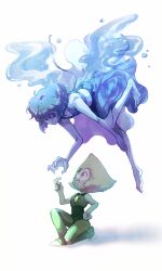  2girls absurdres barefoot blonde_hair blue_hair blue_skin blue_skirt colored_skin commentary_request flower flying forehead_jewel green_eyes green_leotard green_skin highres holding holding_flower kanu_(munoou00) korean_commentary lapis_lazuli_(steven_universe) leotard liquid_wings multiple_girls peridot_(steven_universe) short_hair skirt smile steven_universe triangle-shaped_hair water 