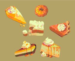  clarissa_(clarigaricus) commentary english_commentary food food_focus green_background hue_shifting icing limited_palette no_humans original pie pie_slice pixel_art pumpkin pumpkin_pie simple_background still_life syrup warm_colored whipped_cream 