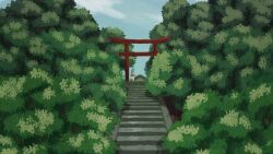  1girl absurdres bush commentary_request day green_eyes green_hair highres hill komano_aunn long_hair scenery sliyu solo stairs torii touhou very_long_hair 