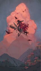  1girl absurdres bird black_cat black_dress black_shoes broom broom_riding building cat character_request closed_mouth clouds commission copyright_request cumulonimbus_cloud dated dress feathered_wings floating_hair frilled_dress frills grey_thighhighs hair_between_eyes hat highres lantern long_hair looking_at_viewer mihuashi_commission mountain outdoors puffy_short_sleeves puffy_sleeves red_eyes red_hair shoes short_sleeves sitting solo thigh-highs town very_long_hair watermark white_wings wide_shot wings witch witch_hat zhoumi 
