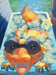  bath blurry blurry_background candle claws commentary_request highres in_bathtub looking_at_viewer no_humans open_mouth p9kfxaofqi54546 pokemon pokemon_(creature) pokemon_focus sandile sharp_teeth smile soap_bubbles star_(symbol) teeth 