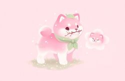  :3 animal animal_focus cherry_blossoms commentary dog english_commentary green_neckerchief ida_(floofyfluff) leaf leaf_on_head mouth_hold multiple_views neckerchief no_humans original pastel_colors pink_background pink_theme shiba_inu simple_background solid_circle_eyes solo_focus stick watermark yume_kawaii 