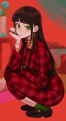  1girl absurdres black_hair black_shoes blue_flower blunt_bangs blunt_ends boots bracelet breasts brown_sweater buttons closed_mouth commentary_request dress earrings fingernails flower from_side full_body gem green_eyes green_gem green_nails green_socks head_rest highres indoors itou_(very_ito) jewelry kurosawa_dia legs_together lips long_fingernails long_hair looking_at_viewer looking_to_the_side love_live! love_live!_sunshine!! medium_breasts nail_polish plaid_clothes plaid_dress red_dress red_theme ring shoes sidelocks socks solo squatting straight_hair sweater table turtleneck turtleneck_sweater unworn_boots unworn_shoes vase 