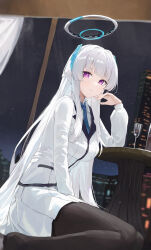 absurdres arm_support arm_up black_pantyhose black_shoes blue_archive blue_halo blue_necktie blunt_bangs blush closed_mouth coat collared_shirt hair_intakes halo hand_on_own_face headset highres jacket jianjia long_sidelocks long_sleeves looking_at_viewer medium_skirt necktie night no_shoes noa_(blue_archive) pantyhose pleated_skirt puffy_long_sleeves puffy_sleeves purple_eyes sidelocks sitting skirt tagme two-tone_coat two-tone_halo two-tone_jacket very_long_hair white_coat white_hair white_halo white_skirt