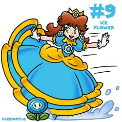  1girl artist_name blue_dress blue_eyes brooch brown_hair commentary crown dress earrings english_commentary flower_brooch flower_earrings frilled_gloves frills gloves gold_crown gown highres ice_flower_(mario) jewelry keidontlie medium_hair open_mouth pointed_crown princess princess_daisy puffy_sleeves simple_background smile solo sphere_earrings super_mario_bros. white_background 