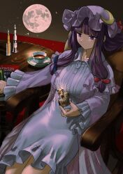  1girl blue_bow book bow breasts capelet ceramic_sierra chair closed_mouth commentary_request crescent crescent_hat_ornament cup dress expressionless full_moon hair_bow hat hat_ornament highres large_breasts miniature mob_cap moon on_chair patchouli_knowledge pink_capelet pink_hat purple_hair red_bow rocket_ship saucer sitting solo spacecraft sumiyoshi_rocket table tea teacup touhou violet_eyes white_dress 