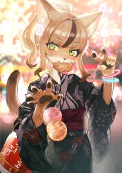  1girl absurdres animal_ear_fluff animal_ears animal_nose ball black_kimono brown_fur brown_hair cat_ears cat_girl cat_tail commentary_request commission cowboy_shot festival floral_print floral_print_kimono flower food food_in_mouth furry furry_female glowstick hair_flower hair_ornament hands_up highres japanese_clothes kimono light_blush looking_at_viewer multicolored_hair nashinoro_kikuri obi original outdoors ponytail print_kimono sash sidelocks skeb_commission smile solo summer_festival tail taiyaki temari_ball two-tone_fur two-tone_hair v wagashi white_flower white_fur 