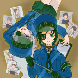  2girls adachi_tooru armband baton_(weapon) black_shorts blue_shirt brown_eyes caroline_(persona_5) caroline_(persona_5)_(cosplay) choker clipboard closed_mouth cosplay eyepatch frown green_eyes greyland215856 highres izanami_(persona) justine_(persona_5) justine_(persona_5)_(cosplay) marie_(persona_4) multiple_girls namatame_tarou narukami_yu padlocked_choker persona persona_4 persona_4_the_golden persona_5 rotational_symmetry shirt shorts wanted_poster weapon 