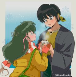  1boy 1girl absurdres black_hair blue_background blush brown_eyes chandllucky commentary cup down_jacket eye_contact fang green_hair grey_jacket hetero hibiki_ryouga highres holding holding_cup jacket long_hair looking_at_another mittens open_mouth orange_mittens orange_scarf p-chan_(ranma_1/2) ranma_1/2 scarf short_hair smile steam unryuu_akari yellow_jacket 