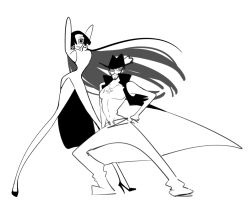  1boy 1girl beard boa_hancock coat commentary cross_pendant dracule_mihawk dress earrings facial_hair guaguapiu hand_on_own_hip hat_feather high_collar high_heels highres jewelry long_hair one_piece side_slit sidelocks simple_background 