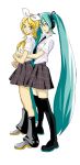  hatsune_miku highres kagamine_rin magomago multiple_girls necktie parody school_uniform tatu thighhighs twintails vocaloid yuri 