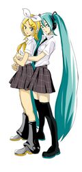  hatsune_miku highres kagamine_rin magomago multiple_girls necktie parody school_uniform tatu thighhighs twintails vocaloid yuri 