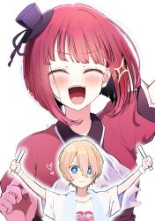  1boy 1girl arima_kana arm_up arms_up blue_eyes blunt_bangs blush closed_eyes closed_mouth commentary gloves glowstick hand_up hat heart highres holding holding_glowstick hoshino_aquamarine looking_at_viewer mini_hat mini_top_hat oshi_no_ko pink_gloves red_hair risdelusions short_hair short_sleeves signature simple_background smile sparkle star-shaped_pupils star_(symbol) symbol-shaped_pupils teeth top_hat untranslatable_commentary upper_body upper_teeth_only white_background 