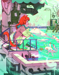  2girls absurdres animal_ears blue_eyes blue_hoodie boots cable cat cat_ears cat_girl cat_tail clip_studio_paint_(medium) day electricity_meter eudetenis fang fish from_side green_sky green_theme green_water head_rest high_contrast highres holding holding_stick hood hood_down hoodie industrial_pipe jacket lamppost long_sleeves looking_at_animal midair multiple_girls orange_hair original outdoors playing_with_animal poolside railing rubber_boots short_shorts shorts silhouette sky solo_focus sparkle sparkling_water steam stick tail tree vending_machine water water_drop water_heater white_jacket 