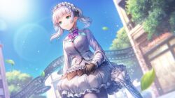  1girl black_bow black_gloves blue_sky blunt_bangs blunt_ends bow bowtie breasts closed_mouth commentary cowboy_shot day dutch_angle english_commentary eyelashes falling_leaves floating_hair frilled_skirt frills gloves green_eyes grey_hair hair_bow hairband heaven_burns_red highres hime_cut holding holding_umbrella jacket leaf lens_flare light_particles lolita_fashion lolita_hairband long_sleeves looking_ahead medium_breasts medium_hair official_art outdoors pantyhose parasol purple_bow purple_bowtie ribbon-trimmed_sleeves ribbon_trim sidelocks skirt sky smile solo striped_bow striped_bowtie striped_clothes sugawara_chie suit_jacket sunlight third-party_source umbrella white_jacket white_pantyhose white_skirt white_umbrella 