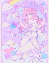  1girl absurdres animal_slippers blush_stickers bow closed_mouth clouds cloudy_sky commentary dress english_commentary full_body hair_ornament heart highres holding holding_umbrella long_hair looking_at_viewer low_twintails original pastel_colors pink_hair rabbit rain rainbow sky slippers solo star_(symbol) teruterubouzu tracyloid twintails umbrella violet_eyes white_dress yume_kawaii zzz 