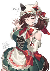  2girls absurdres animal_ears apron bare_shoulders blush bow breasts brown_hair closed_eyes closed_mouth commentary detached_sleeves dress ear_covers ears_through_headwear facing_viewer fukuro_(maruaru00) green_dress hair_between_eyes hat highres horse_ears horse_girl horse_tail large_breasts marche_lorraine_(umamusume) mismatched_ear_covers multiple_girls namur_(racehorse) original personification red_bow short_hair smile tail umamusume white_apron 
