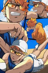  1boy ball beach_volleyball blue_sky blue_tank_top clouds commentary_request haikyuu!! highres hinata_shouyou male_focus multiple_views orange-tinted_eyewear orange_eyes orange_hair shiki_(shiki_no) shorts sky sweat tank_top teeth tinted_eyewear twitter_username volleyball_(object) white_shorts 