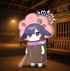 1girl ai-generated_art_(topic) animal_ears baseball_bat blue_archive closed_mouth donmin_h dress frown full_body halo highres holding holding_baseball_bat italian_brainrot_ai_animals_(meme) lop_rabbit_ears meme purple_dress purple_halo rabbit_ears rabbit_girl solo standing tree_costume tsukuyo_(blue_archive) tung_tung_tung_sahur violet_eyes 