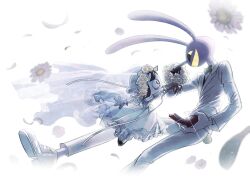  1boy 1girl animal_ears black_bow black_bowtie black_eyes black_gloves black_hair blue_eyes bouquet bow bowtie bridal_veil colored_sclera colored_skin colored_teeth commentary daisy_(flower) dress english_commentary flower furry furry_male gloves grin gun gun_to_head hair_flower hair_ornament highres holding holding_bouquet holding_gun holding_weapon jacket jax_(the_amazing_digital_circus) kanu_(munoou00) multicolored_eyes pants pomni_(the_amazing_digital_circus) rabbit_boy rabbit_ears red_eyes shoes short_hair smile suit suit_jacket the_amazing_digital_circus two-tone_eyes veil weapon wedding_dress white_dress white_flower white_gloves white_jacket white_pants white_shoes white_skin white_suit yellow_sclera yellow_teeth 