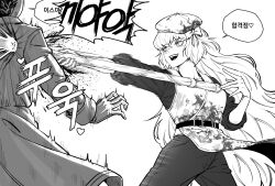  1girl 1other absurdres apron blood_on_hat clock coat commentary_request cowboy_shot dante_(limbus_company) heart highres hyanghwa ishmael_(project_moon) korean_commentary korean_text limbus_company long_hair monochrome object_head open_mouth paint_on_clothes paint_stains pants project_moon ring_(identity)_(project_moon) simple_background smile stab teeth translation_request very_long_hair 