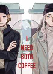  1girl age_progression aged_up axlhj0422 brown_hair coffee coffee_mug cup earth_(planet) english_text eva_stratt grey_hair hat highres long_hair mug old old_woman planet project_hail_mary solo 