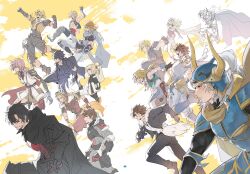  3girls 6+boys absurdres ardbert_hylfyst armor bartz_klauser beard black_jacket cape cecil_harvey clive_rosfield cloud_strife commentary_request facial_hair fake_horns final_fantasy final_fantasy_i final_fantasy_ii final_fantasy_iii final_fantasy_iv final_fantasy_ix final_fantasy_v final_fantasy_vi final_fantasy_vii final_fantasy_viii final_fantasy_x final_fantasy_xi final_fantasy_xii final_fantasy_xiii final_fantasy_xiv final_fantasy_xv final_fantasy_xvi firion fur_trim garbage_paper highres horned_headwear horns in-franchise_crossover jacket korean_commentary lightning_farron looking_to_the_side multiple_boys multiple_girls noctis_lucis_caelum onion_knight ponytail shantotto squall_leonhart tarutaru terra_branford tidus vaan_(ff12) vest warrior_of_light_(ff1) zidane_tribal 