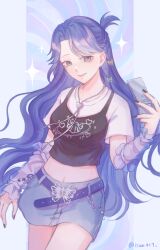  1girl absurdres belt black_tank_top blue_belt blue_eyes blue_hair blue_skirt braid breasts butterfly_hair_ornament cellphone closed_mouth commentary_request cowboy_shot denim denim_skirt detached_sleeves flip_phone hair_ornament heart heart_necklace highres holding holding_phone jewelry liang_jiou long_hair looking_at_viewer medium_breasts mermaid_melody_pichi_pichi_pitch midriff miniskirt navel necklace noel_(mermaid_melody_pichi_pichi_pitch) parted_bangs phone shirt skirt smile solo tank_top white_shirt 