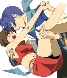  1boy 1girl ^_^ absurdres arms_on_another's_shoulder bare_arms belt bike_shorts bike_shorts_under_skirt black_pants black_shorts blue_coat blue_eyes blue_hair blue_nails blue_scarf blush bob_cut breasts brown_belt brown_hair carrying closed_eyes coat commentary crop_top ducky102938 face-to-face facing_another forehead-to-forehead hair_between_eyes happy heads_together hetero highres kaito_(vocaloid) long_sleeves looking_at_another medium_breasts meiko_(vocaloid) midriff miniskirt multicolored_coat navel open_mouth pants pencil_skirt princess_carry red_nails red_shirt red_skirt scarf shirt short_hair shorts simple_background skirt sleeveless sleeveless_shirt smile surprised sweatdrop teeth two-tone_coat upper_teeth_only vocaloid white_background white_coat 