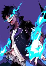  1boy belt black_coat black_hair black_pants blue_fire boku_no_hero_academia burn_scar coat commentary_request dabi_(boku_no_hero_academia) fire hama_(piyohiko0310) highres male_focus open_mouth pants purple_background scar scar_on_face scars_all_over shirt short_hair simple_background solo spiky_hair stapled teeth white_belt white_shirt 