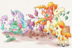  basket blank_eyes blue_eyes brown_eyes charmeleon commission dirt food full_body galarian_ponyta galarian_rapidash green_eyes ivysaur kinakomochi_(kazuna922) mouth_hold no_humans open_mouth pokemon ponyta rapidash riding riding_pokemon skeb_commission sprout sweet_potato tears 