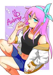  1girl aubrey_(faraway)_(omori) aubrey_(omori) bandaid black_tank_top blue_bow blue_bowtie blue_eyes blue_skirt bow bowtie candy commentary crop_top denim denim_skirt food highres jacket kibisabiki lollipop long_hair navel omori open_clothes open_jacket pink_hair skirt solo tank_top untranslatable_commentary white_jacket 