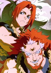  1boy 1girl 333takoyaki absurdres beard commentary_request crossed_arms facial_hair hidari_(yomi_no_tsugai) highres migi_(yomi_no_tsugai) multicolored_hair muscular muscular_female red_hair rope thick_beard white_hair yomi_no_tsugai 