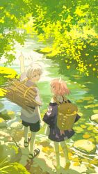  1boy 1girl aged_down ahoge apple basket black_shorts blue_eyes blue_shirt coat commentary cyrene_(honkai:_star_rail) cyrene_(philia093)_(honkai:_star_rail) english_commentary food fruit gladiator_sandals hair_ornament highres honkai:_star_rail honkai_(series) lake marketslipper phainon_(a_dream_scented_in_wheat)_(honkai:_star_rail) phainon_(honkai:_star_rail) pink_hair pointing purple_coat sandals shirt short_hair shorts white_hair 