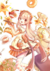  1girl :o apron basket bench blonde_hair blush bright_background butter chipie_0114 commentary_request cream croissant cup doughnut dress eyelashes flat_chest floating floating_food floating_object floral_print flower food frills from_behind fruit full_body hair_between_eyes hair_flowing_over hat highres holding holding_tray large_ribbon leaf looking_at_viewer maid maid_apron maid_headdress notepad open_mouth orange_flower orange_hair original parfait petals pocket pudding red_ribbon ribbon saucer shoes short_sleeves smile solo solo_focus spoon stick strawberry striped_clothes striped_leggings tea teacup teapot tray white_background white_dress yellow_flower 