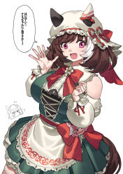  2girls absurdres animal_ears apron bare_shoulders blush bow breasts brown_hair bush commentary detached_sleeves dress ear_covers ears_through_headwear fukuro_(maruaru00) green_dress hair_between_eyes hat highres horse_ears horse_girl horse_tail large_breasts looking_at_viewer marche_lorraine_(umamusume) mismatched_ear_covers multiple_girls namur_(racehorse) open_mouth original personification red_bow short_hair smile speech_bubble tail umamusume violet_eyes white_apron 