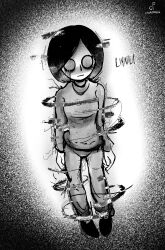  1girl blank_eyes character_name chordfall commentary english_commentary glitch greyscale highres liminala_(vinesauce) monochrome solo static tomodachi_life tomodachi_life:_living_the_dream vinesauce 