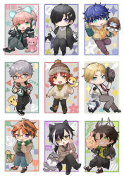  6+boys :d absurdres ahoge animal_ear_headphones animal_ears aqua_eyes aqua_necktie aragami_oga aragami_oga_(5th_costume) arurandeisu arurandeisu_(1st_costume) astel_leda astel_leda_(fall/winter) badge barcode beanie bear_ear_headphones bear_ears black_choker black_coat black_gloves black_hair black_jacket black_pants black_shirt black_shoes black_tank_top blonde_hair blonde_streaks blue_hair blue_pants boots brown_boots brown_cardigan brown_coat brown_hair brown_pants brown_shoes brown_streaks button_badge button_eyes buttons cardigan cat chain chain_necklace chibi chibi_only choker coat coat_on_shoulders collared_shirt crossed_legs dark-skinned_male dark_skin demon_horns dog dog_on_shoulder ear_piercing earrings fake_animal_ears fang fedora ferret fold-over_boots four-pointed_star full_body glasses gloves green_eyes green_scarf green_shirt grey_cat grey_hair grey_necktie grey_pants grey_shirt grey_sweater_vest hair_ornament hair_over_one_eye hairclip hanasaki_miyabi hanasaki_miyabi_(fall/winter) hat hat_pin headphones headphones_around_neck heterochromia highres hiyamaru holding holding_unworn_clothes holding_unworn_hat holostars horns invisible_chair jackal_boy jackal_ears jackal_tail jacket jewelry kageyama_shien kageyama_shien_(5th_costume) kanade_izuru kanade_izuru_(fall/winter) kishido_temma kishido_temma_(fall/winter) letterman_jacket light_blush lightning_bolt_earrings lightning_bolt_hair_ornament lightning_bolt_symbol low_ponytail male_focus mioto_(tsubsq_m) mole mole_under_eye multicolored_hair multiple_boys necklace necktie nekoyama_shien no_symbol off-shoulder_jacket off_shoulder official_alternate_costume one_eye_closed open_cardigan open_clothes open_coat open_mouth orange_eyes orange_hair orange_shirt pants pawpads piercing pink_hair pizza-kun_(arurandeisu) plaid_clothes plaid_shirt pom_pom_(clothes) pom_pom_beanie pomekorokke ponytail poruneu red-framed_eyewear red_hair red_necktie ribbed_sweater rikka_(fall/winter)_(holostars) rikka_(holostars) scarf sharp_teeth shirt shoes short_hair sitting skin_fang smile spanner_(holostars) sparkle_earrings sparkle_print star_(symbol) star_hair_ornament streaked_hair striped_clothes striped_necktie striped_scarf stuffed_animal stuffed_fox stuffed_toy suspenders sweater sweater_under_shirt sweater_vest tail tank_top teddy_bear teeth turtleneck turtleneck_sweater unworn_hat unworn_headwear violet_eyes virtual_youtuber white_hair white_jacket white_shirt white_sweater x_hair_ornament yellow_eyes yellow_shirt yukoku_roberu yukoku_roberu_(fall/winter) 