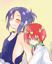  1boy 1girl =_= absurdres amate_yuzuriha bare_arms bare_shoulders blue_hair blue_tank_top blush brown_background cardigan closed_eyes closed_mouth collared_shirt diagonal-striped_clothes diagonal-striped_necktie green_eyes green_shirt gundam gundam_gquuuuuux hair_between_eyes hetero highres necktie parted_lips red_hair sasaki_fumi shirt shuji_ito smile striped_clothes tank_top twitter_username watermark white_cardigan 