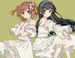  2girls aijo_karen arm_bow armpit_crease back-to-back bad_id bad_twitter_id bare_shoulders black_hair blue_eyes blue_flower bow brown_eyes brown_hair closed_mouth collarbone detached_sleeves dress feet_out_of_frame fingernails floating_hair flower flower_hairband frilled_dress frills green_background grey_nails hair_bow hair_ornament hands_on_own_chest hands_up highres invisible_chair kagura_hikari knees_up long_dress long_hair long_sleeves looking_at_another looking_to_the_side medium_dress migolu multiple_girls off-shoulder_dress off_shoulder official_alternate_costume own_hands_together parted_lips red_nails ribbon short_dress short_hair short_sleeves shoujo_kageki_revue_starlight sideways_glance simple_background sitting smile two_side_up v_arms white_bow white_dress white_ribbon x_hair_ornament 