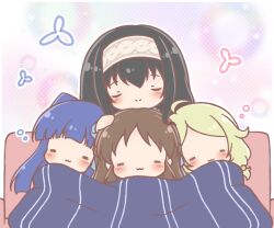  4girls :3 =_= black_hair blonde_hair blue_eyes blush brown_hair chibi closed_eyes closed_mouth commentary_request couch hairband hand_on_another's_head idolmaster idolmaster_cinderella_girls long_hair mitarashi_neko multiple_girls on_couch sagisawa_fumika sajo_yukimi shared_blanket tachibana_arisu white_hairband yusa_kozue 