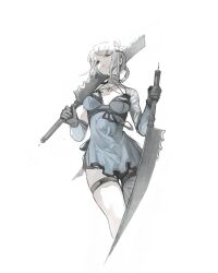  1girl absurdres bandaged_arm bandaged_leg bandaged_neck bandages black_gloves blue_negligee braid braided_hair_rings breasts dual_wielding flower gloves hair_flower hair_ornament hair_rings highres holding holding_sword holding_weapon jagged_sword kaine_(nier) kanji_(nievart) lingerie looking_at_viewer lunar_tear medium_breasts negligee nier nier_(series) single_bare_shoulder solo sword underwear weapon white_background white_hair 