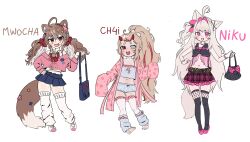  3girls absurdres animal_ears blonde_hair brown_hair cat_ears cat_girl cat_tail ch4i demon_horns flower gyaru hair_flower hair_ornament highres horns indie_virtual_youtuber kogal loli multicolored_hair multiple_girls mwocha nanako_niku pearl_hair_ornament pink_eyes tail two-tone_hair white_background white_hair 