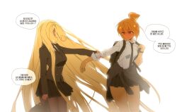  2girls :d alternate_costume arm_at_side backlighting backpack bag between_breasts black_bag black_jacket black_necktie black_pantyhose black_skirt blonde_hair bloom blush bracelet breasts brown_eyes brown_hair buttons center-flap_bangs clothes_around_waist clothes_between_breasts collared_shirt commentary_request cookie_run cookie_run:_ovenbreak cowboy_shot curly_sidelocks dark-skinned_female dark_skin double-breasted double-parted_bangs dual_persona eyepatch eyes_visible_through_hair food-themed_hair from_side full-face_blush grabbing_another's_arm hair_between_eyes hair_bun hand_up highres holding holding_another's_arm holding_bag humanization jacket jacket_around_waist jewelry korean_commentary korean_text layered_sleeves long_hair long_sleeves looking_at_another lower_teeth_only medium_breasts miniskirt multicolored_hair multiple_girls necktie necktie_between_breasts ohta_guk_hip open_mouth orange_streaks outstretched_arm pantyhose pleated_skirt profile school_uniform shirt short_hair sidelocks simple_background single_hair_bun skirt small_breasts smile standing strap streaked_hair sweat teeth thick_thighs thighs timekeeper_cookie translation_request tsurime turning_head two-tone_hair very_long_hair white_background white_shirt wind 