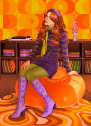  arm_support belt belt_buckle boots breasts buckle carpet daphne_blake denim denim_skirt facing_to_the_side floral_print green_pantyhose hairband hand_on_own_knee head_tilt high_heel_boots high_heels highres indoors knee_boots knees_together_feet_apart lace-up_boots living_room long_hair long_sleeves looking_at_viewer maxy_artwork medium_breasts miniskirt narrow_waist orange_hair pantyhose phonograph print_boots purple_belt purple_boots purple_hairband purple_shirt purple_skirt scarf scooby-doo_(series) shirt sitting skirt slim_legs smile striped_clothes striped_shirt vinyl_record violet_eyes wavy_hair wooden_floor yellow_scarf 
