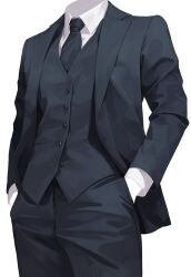  1boy black_jacket black_necktie black_pants black_suit buttons clothes_focus collared_shirt colored_skin commentary cowboy_shot english_commentary hands_in_pockets headless highres jacket jaeun_38 lapels long_sleeves making-of_available male_focus necktie notched_lapels open_clothes open_jacket original pant_suit pants photo-referenced shirt simple_background solo suit suit_jacket vest waistcoat white_background white_shirt white_skin 